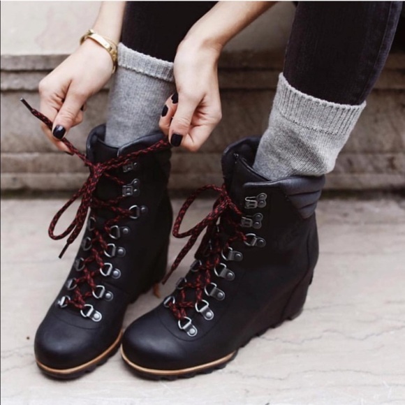 Sorel Shoes - Sorel Conquest Wedge Heel Boots Lace Up Waterproof Leather Combat Hiking Black